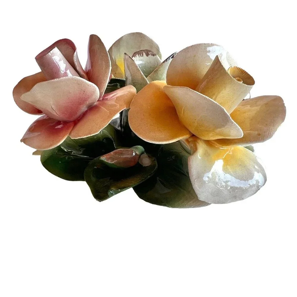 Capodimonte Roses Candle Stick Holder Pink Yellow Green Made in Italy Cottagecor